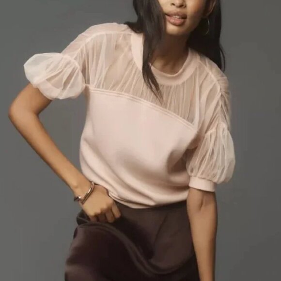 Anthropologie Maeve Short Sleeve Sheer Inset Knit Top. Pale Pink. Size Large - Picture 1 of 15